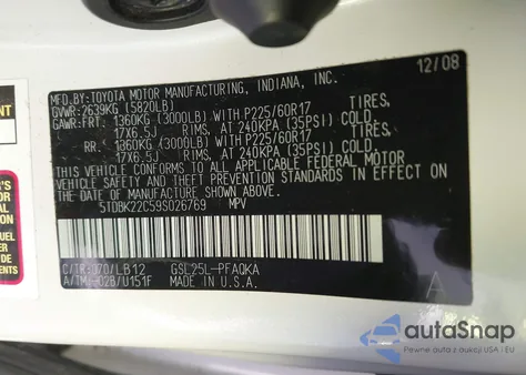 2009 Toyota Sienna Limited из США, поврежденный, VIN 5TDBK22C59S026769